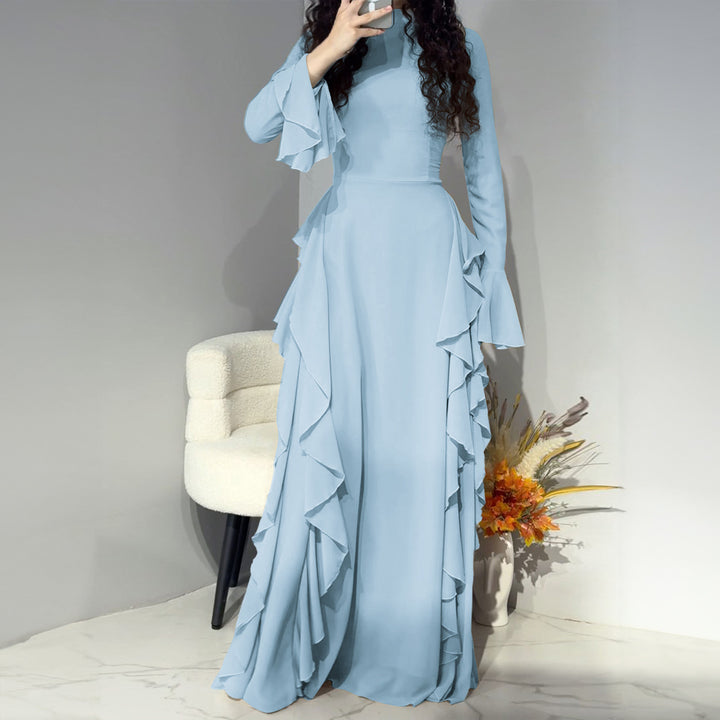 Damen nan Maxikleid mit Volantbesatz, taillierter Empire‑Silhouette und langen Glockenärmeln Drune