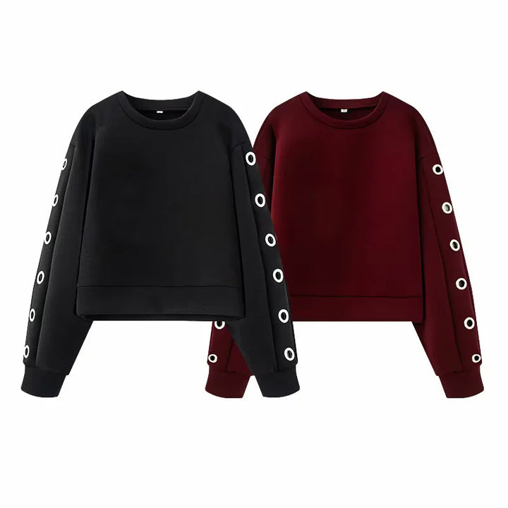 Damen nan kurzes Oversize Sweatshirt mit dekorativen Metallösen an den Ärmeln Drune