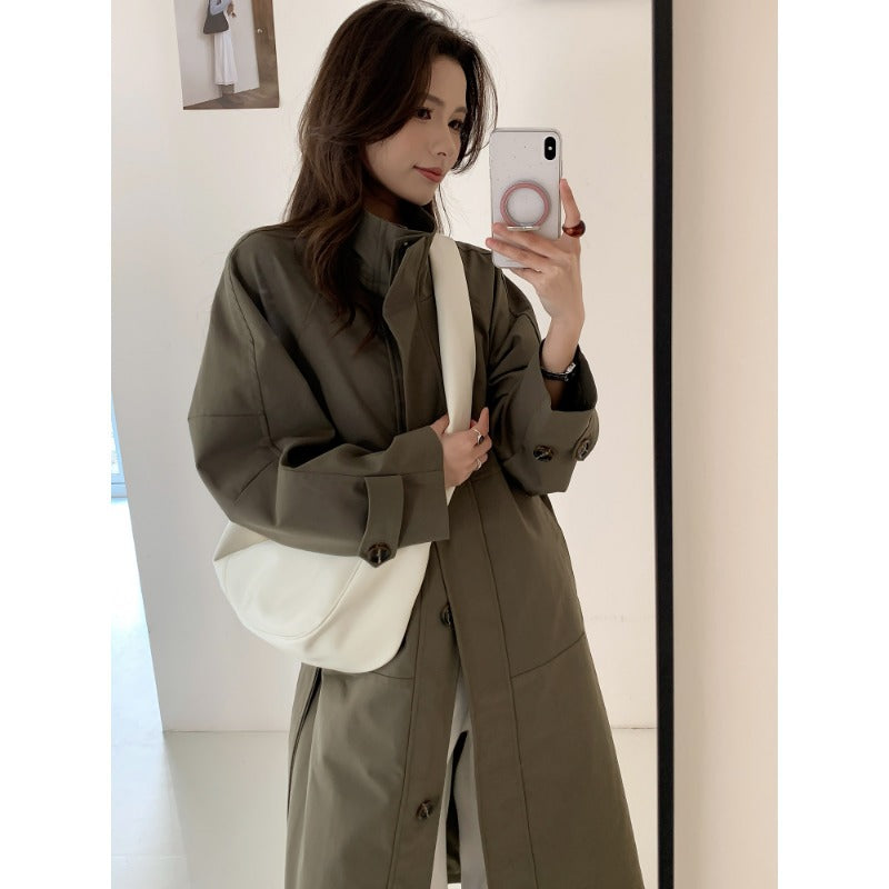 Damen Leichter Oversize-Trenchcoat mit Stehkragen und großen Eingrifftaschen Drune
