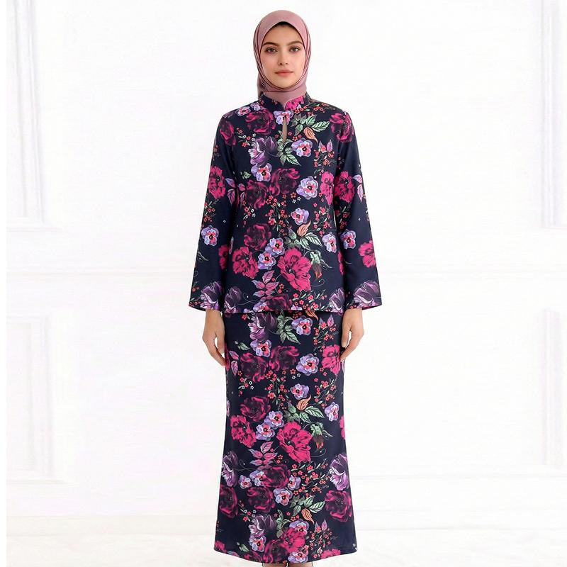 Damen Zweiteiliges Modest-Set aus Tunika mit Stehkragen und geradem Maxirock mit Blumenprint Drune