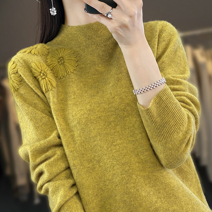 Damen Weicher Feinstrickpullover mit kurzem Stehkragen, 3D‑Blütenapplikation und gerippten Bündchen Drune