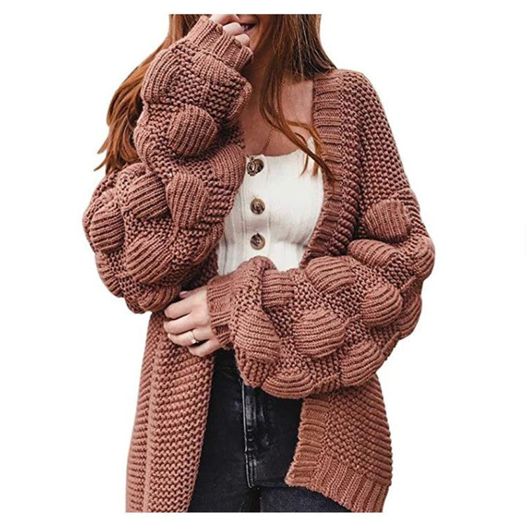 Damen Grobstrick Cardigan mit Puffärmeln und strukturiertem Design Drune