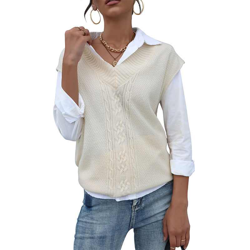 Damen Langer Strickpullunder mit Zopfmuster und V‑Ausschnitt Drune