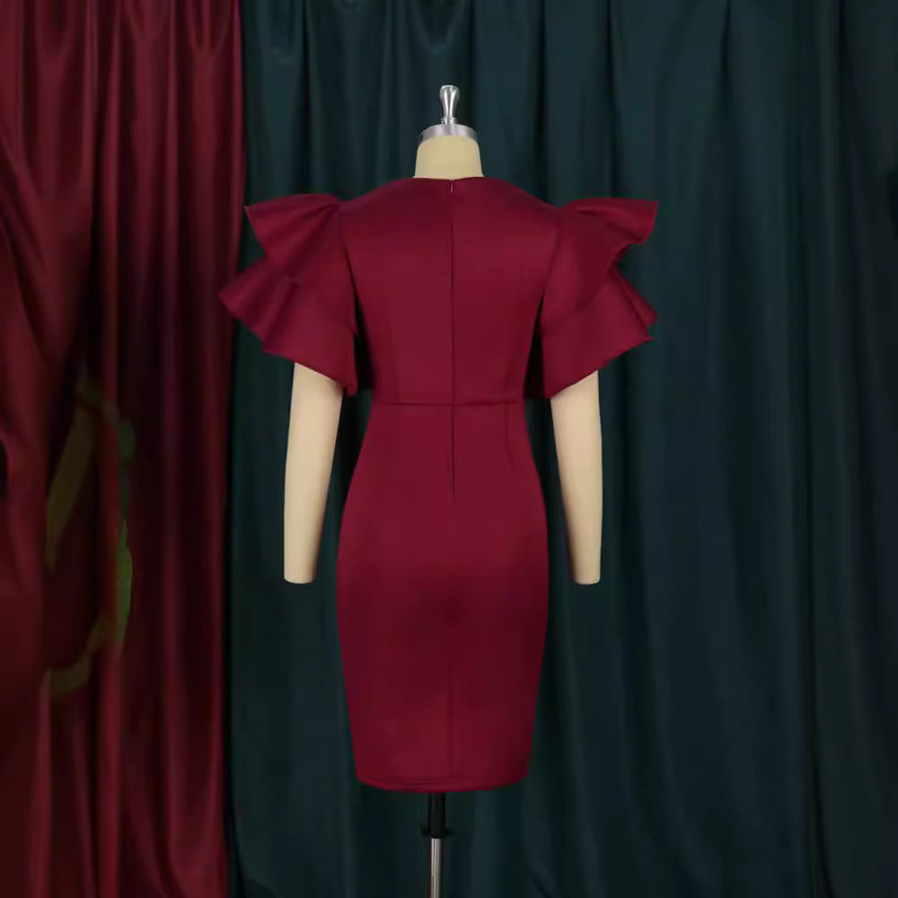 Damen figurbetontes Midi-Kleid mit voluminösen Rüschensäumen und Glitzerakzenten Drune