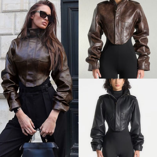 Damen Kurze taillierte Lederoptik‑Jacke mit Stehkragen und femininer Brustabsteppung Drune