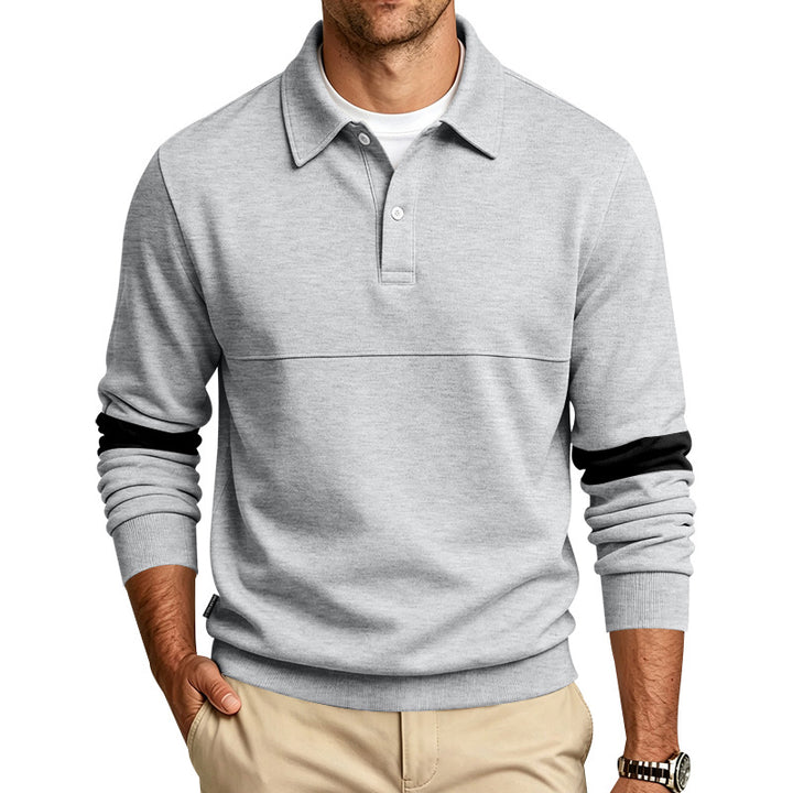 Herren Langarm-Poloshirt-Sweatshirt mit halber Knopfleiste, Kontrastärmeln und Rippbündchen Drune
