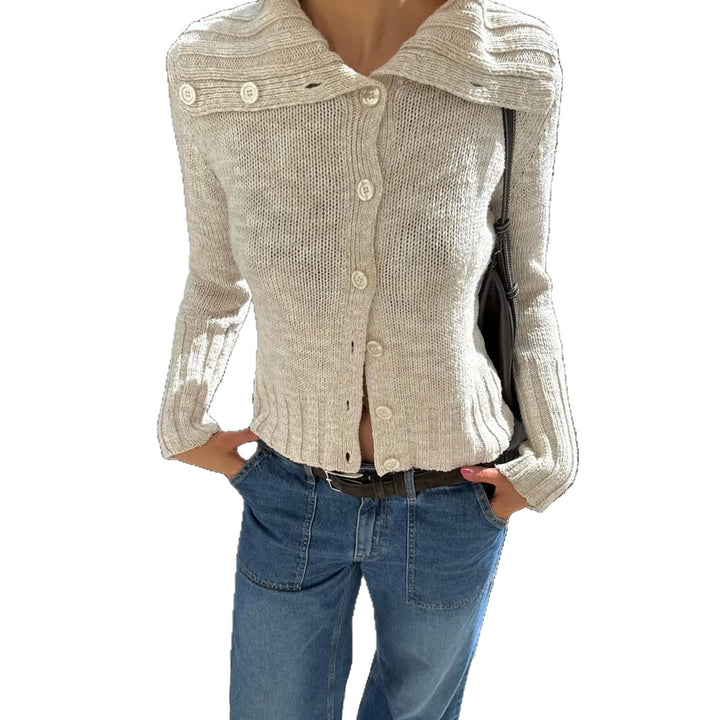 Damen Kurze Strickjacke mit rückseitiger Knopfleiste und weitem Umlegekragen Drune