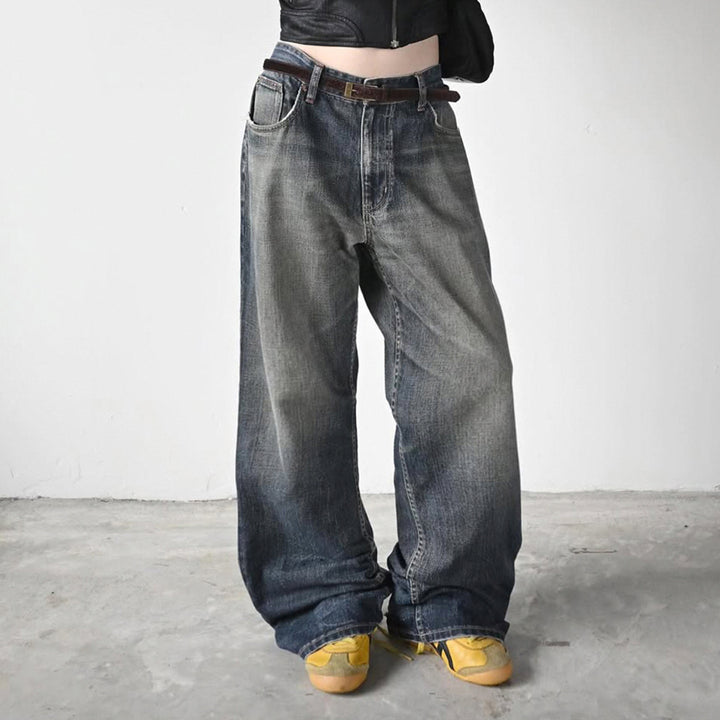 Damen High-Waist Jeans mit weitem Bein und stufenförmiger Waschung Drune