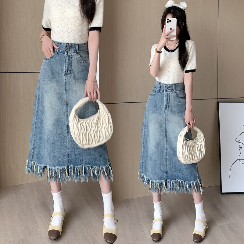 Damen Denim-Midi-Rock mit fransigem Saum Drune
