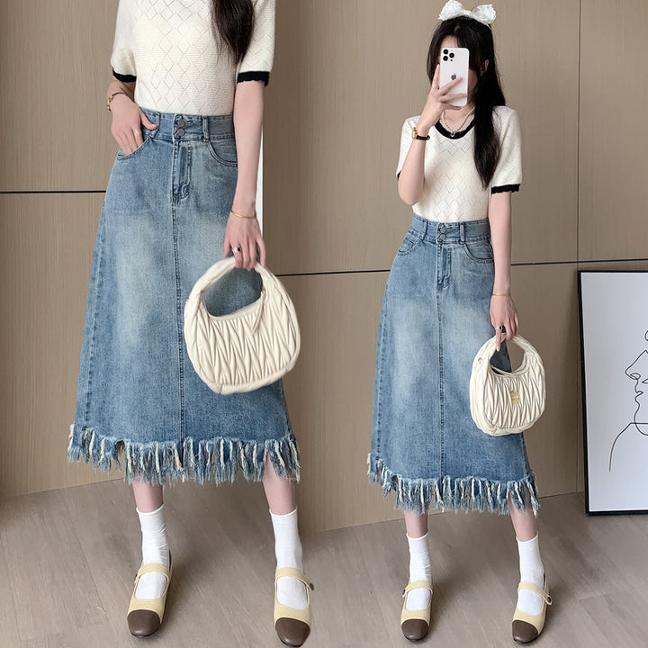 Damen Denim-Midi-Rock mit fransigem Saum Drune