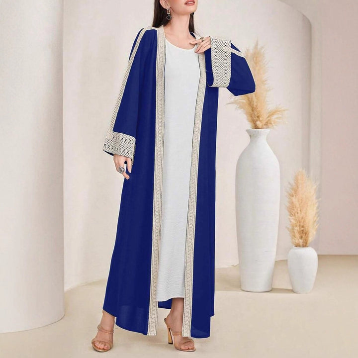 Damen Langes Open‑Front Kaftan‑Mantel mit Häkelspitzenbesatz Drune