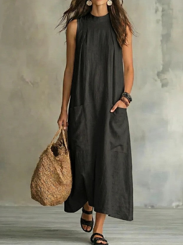 Damen nan ärmelloses Leinen-Maxikleid mit Stehkragen, Brustfalten und aufgesetzten Taschen Drune