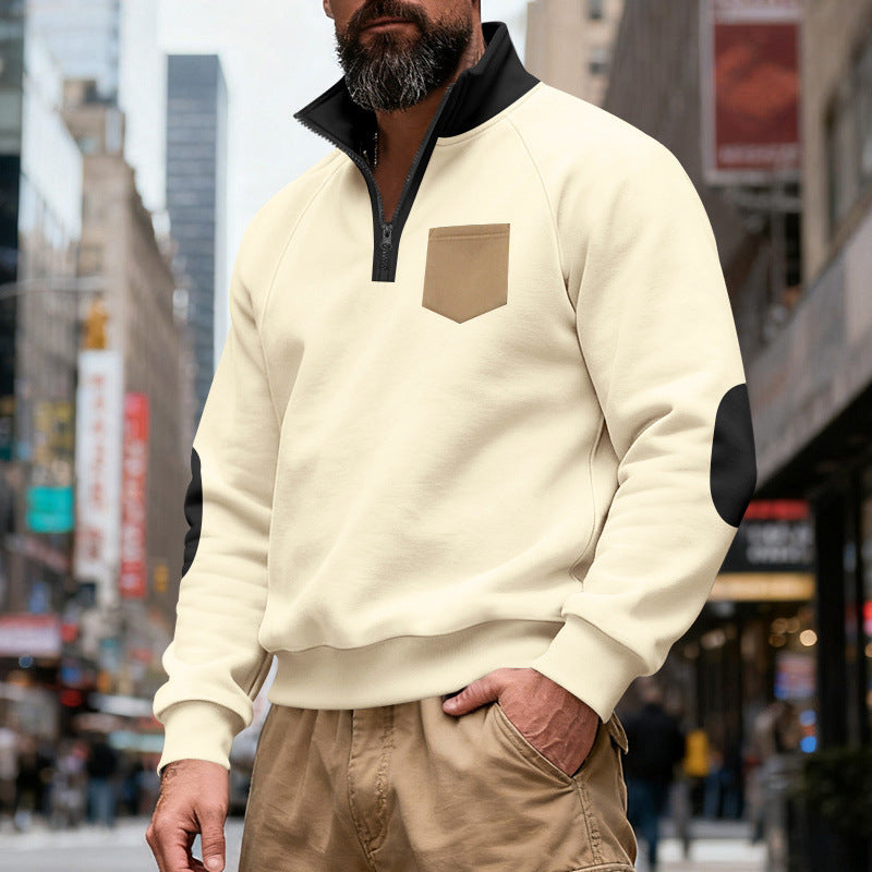 Herren nan Quarterzip-Sweatshirt mit Stehkragen, kontrastiertem Reißverschluss, Ellbogenpatches und Brusttasche Drune