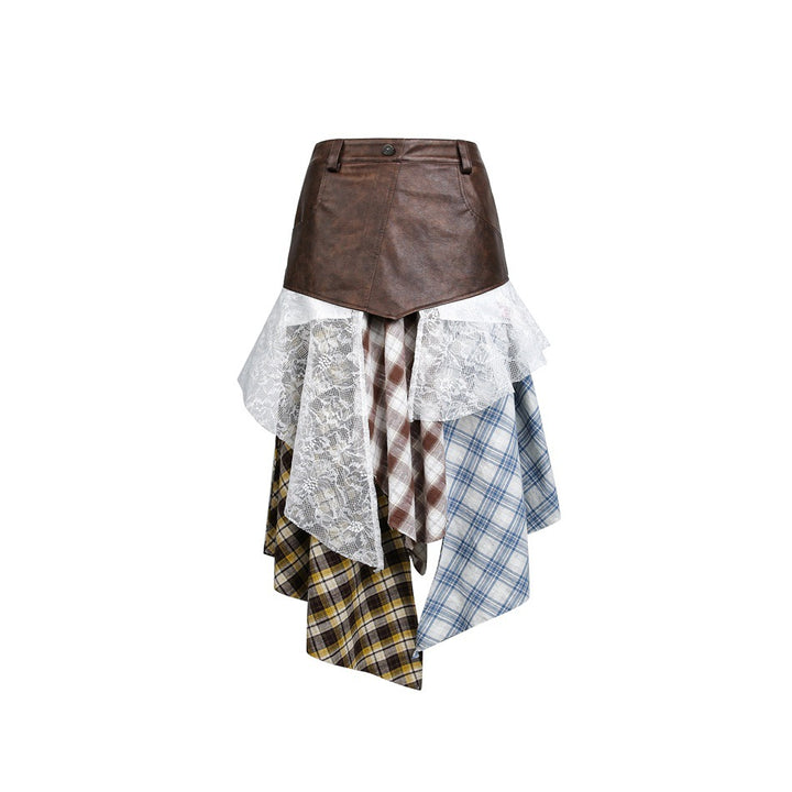 Damen Asymmetrischer Lagenrock mit Kunstlederbund und Karomix Drune