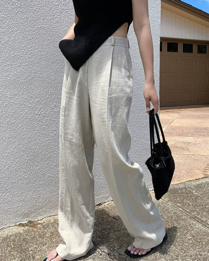 Damen Weite Leinenmix-Hose mit hoher Taille, Bügelfalte und Eingrifftaschen Drune