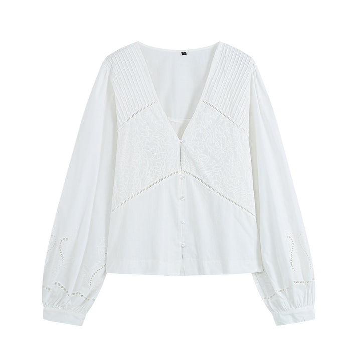 Damen Leichte Bluse mit V‑Ausschnitt, Plissee‑Schulterpasse und Broderie‑Anglaise Drune