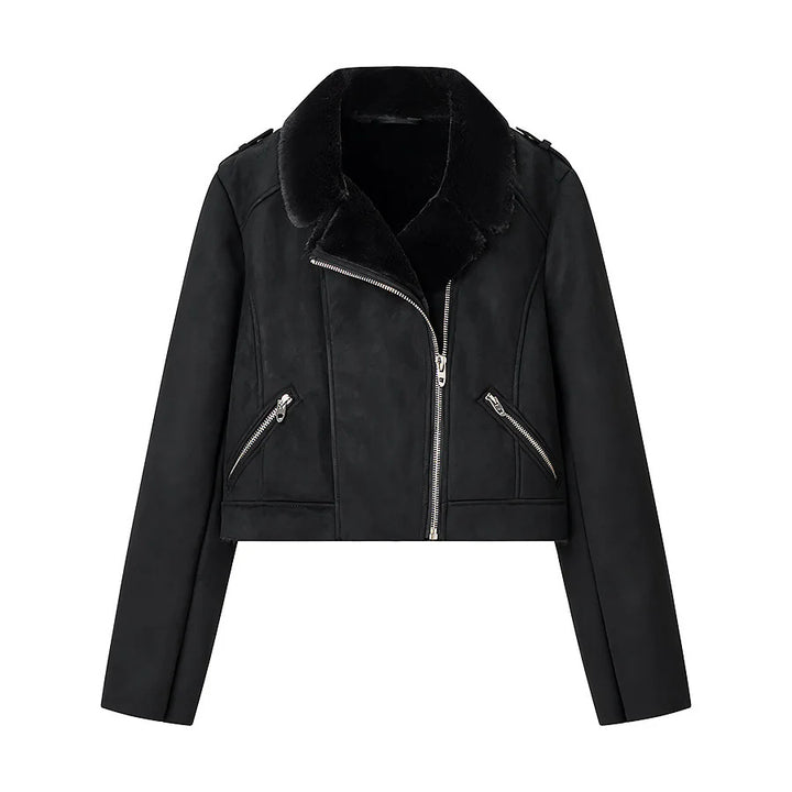 Damen nan kurze Bikerjacke aus Veloursimitat mit Teddyfutter und asymmetrischer Metall-Reißverschluss Drune