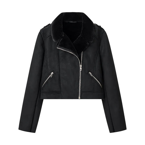 Damen nan kurze Bikerjacke aus Veloursimitat mit Teddyfutter und asymmetrischer Metall-Reißverschluss Drune