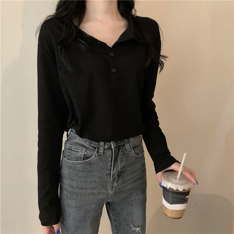 Damen Langarm-Henley-Shirt mit modernem Kragen und durchgehender Knopfleiste Drune