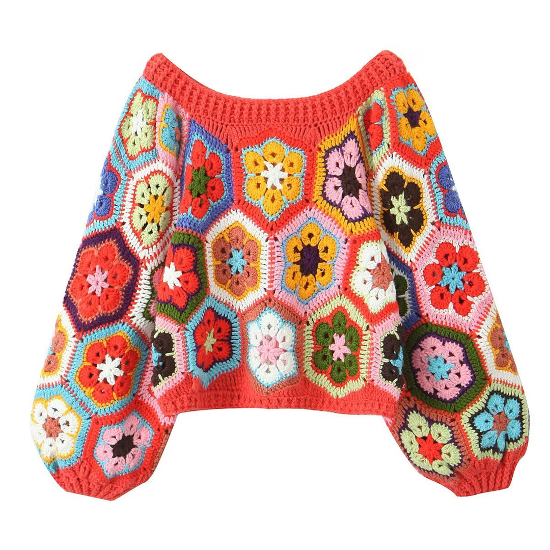 Damen lässiger, handgefertigter Pullover mit floralen Häkelmotiven Drune