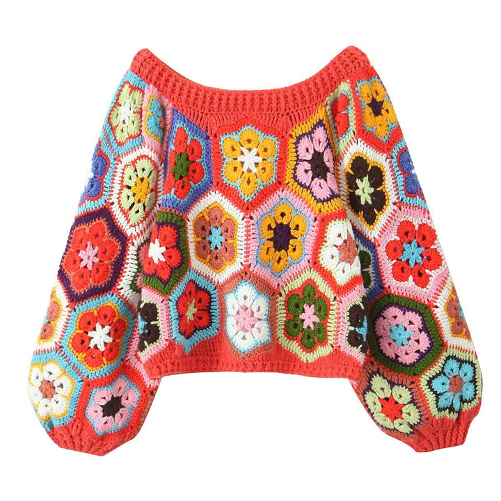 Damen lässiger, handgefertigter Pullover mit floralen Häkelmotiven Drune