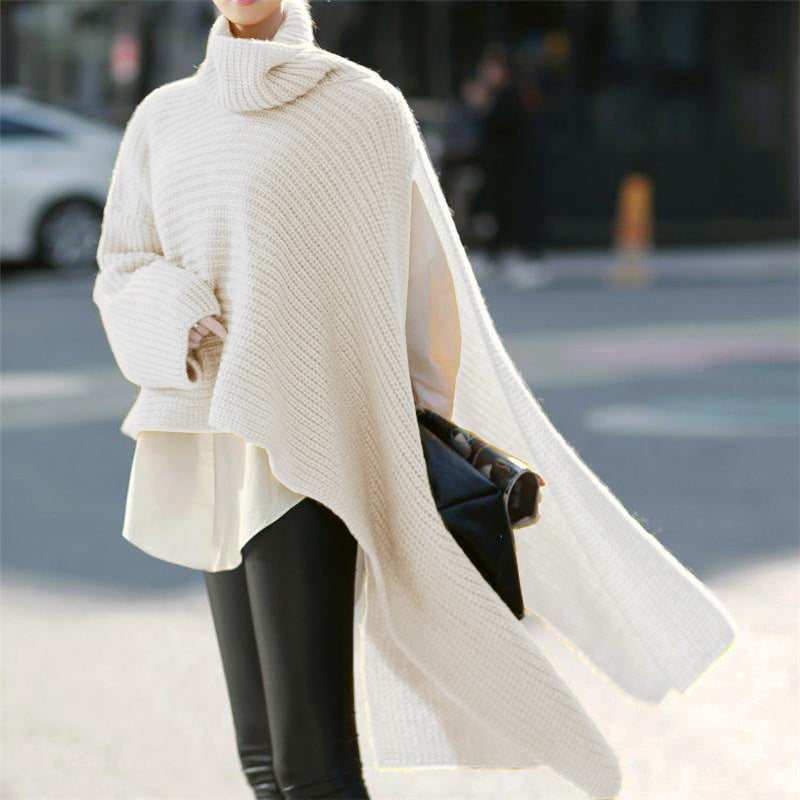 Damen Asymmetrischer Rollkragen-Poncho mit seitlichem Cape-Detail Drune