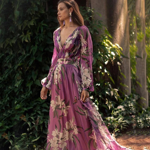 Damen Maxikleid mit tiefem V-Ausschnitt, floralem Design und schwingendem Rock Drune