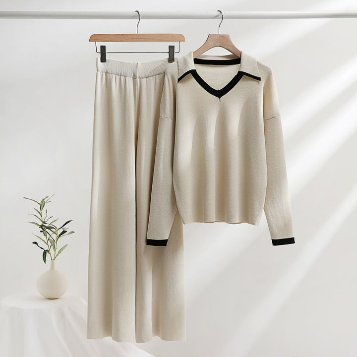 Damen gemütliches Strick-Loungewear-Set mit kontrastierendem Kragen und weitem Bein Drune