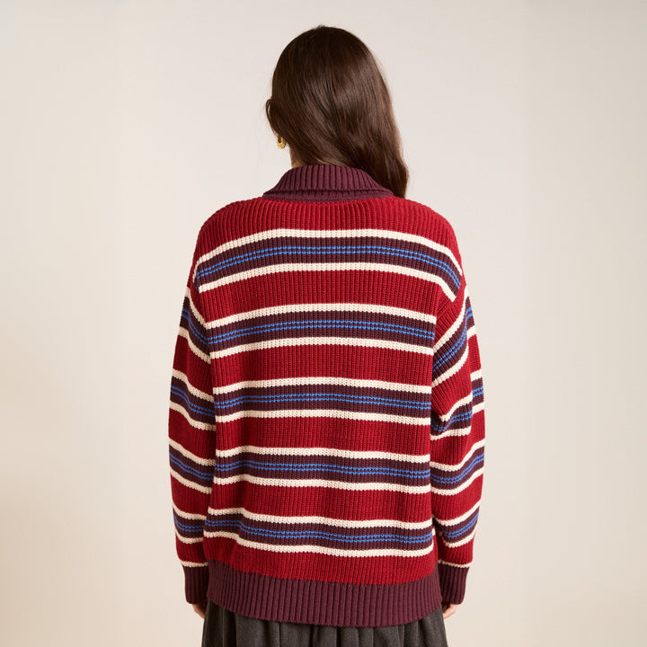 Damen Oversize Strickpullover mit Polokragen & mehrlagigem Streifenrelief Drune