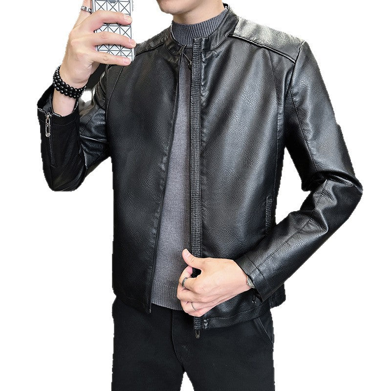 Herren Modische Kunstlederjacke mit hohem Kragen Drune
