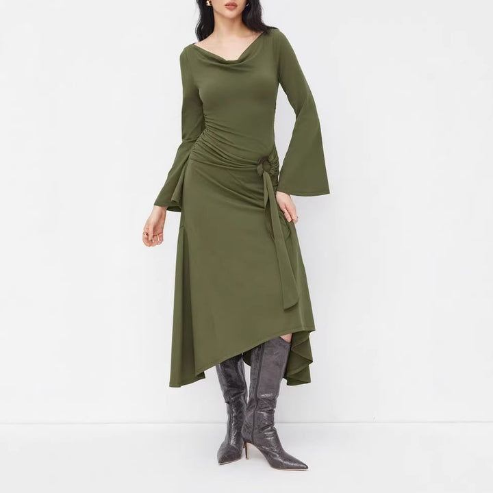 Damen Asymmetrisches Midikleid mit Wasserfallkragen, Glockenärmeln und seitlichem Ringdetail Drune