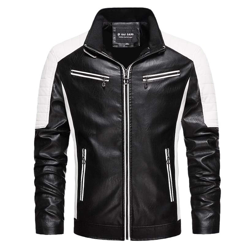 Herren Biker-Lederimitatjacke im Racing-Stil mit Stehkragen und Reißverschlusstaschen Drune