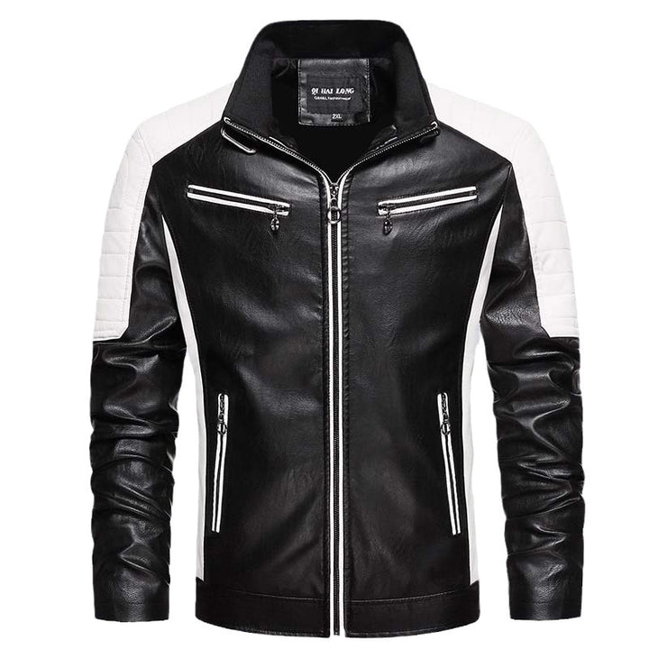Herren Biker-Lederimitatjacke im Racing-Stil mit Stehkragen und Reißverschlusstaschen Drune