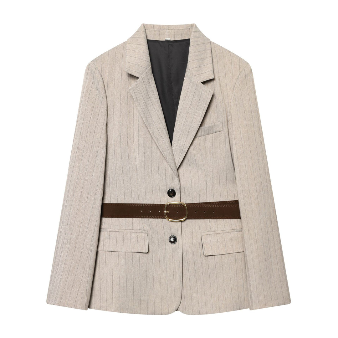 Damen nan taillierter Nadelstreifen-Blazer mit dekorativem Gürtel und Pattentaschen Drune