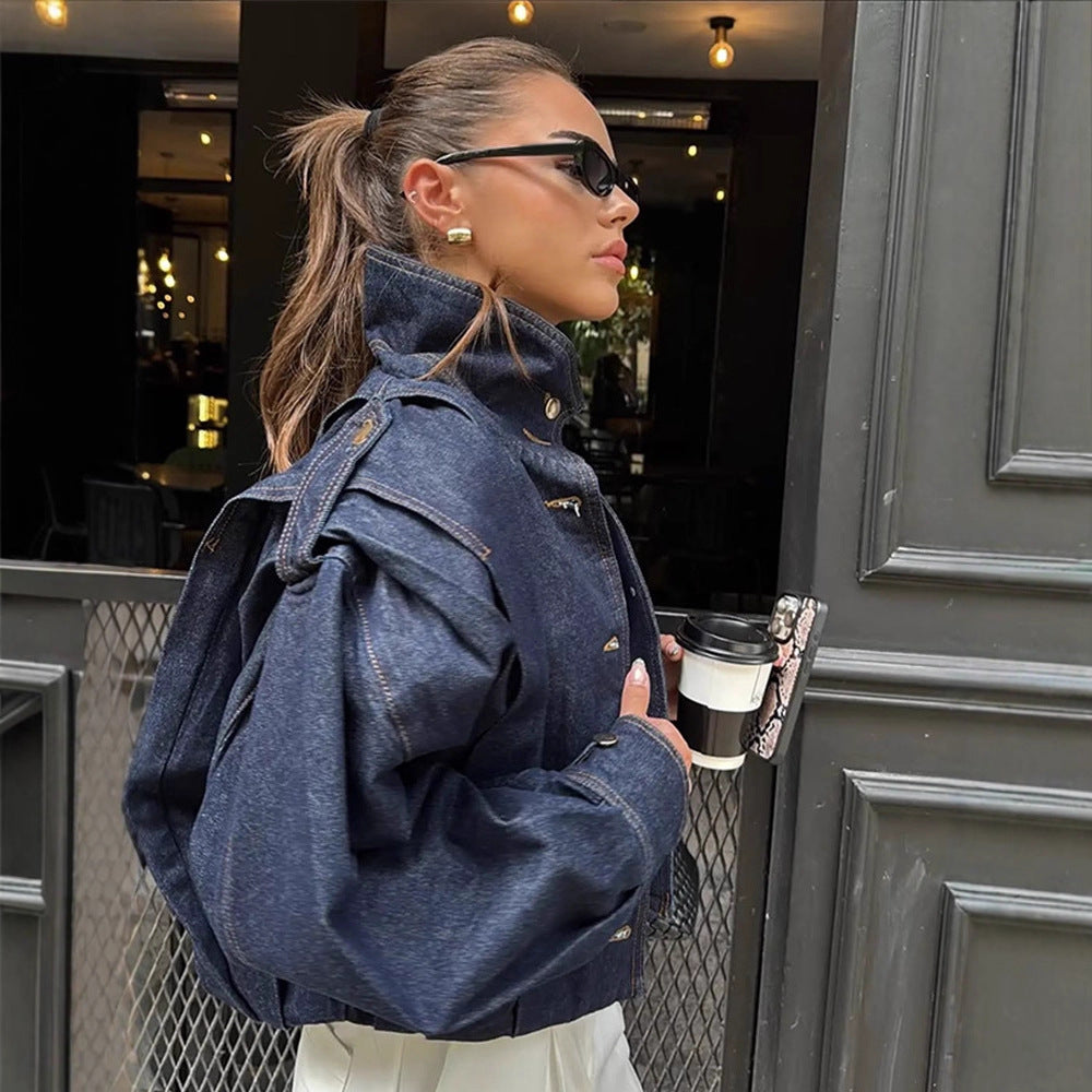 Damen Oversize Jeansblouson mit hohem Stehkragen, Druckknopfleiste und Schulter-Detail Drune