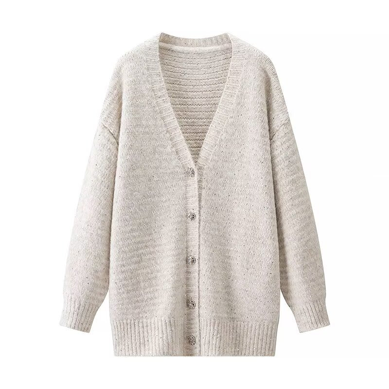 Damen Kuschelige Strickjacke mit V-Ausschnitt und Knopfverschluss Drune