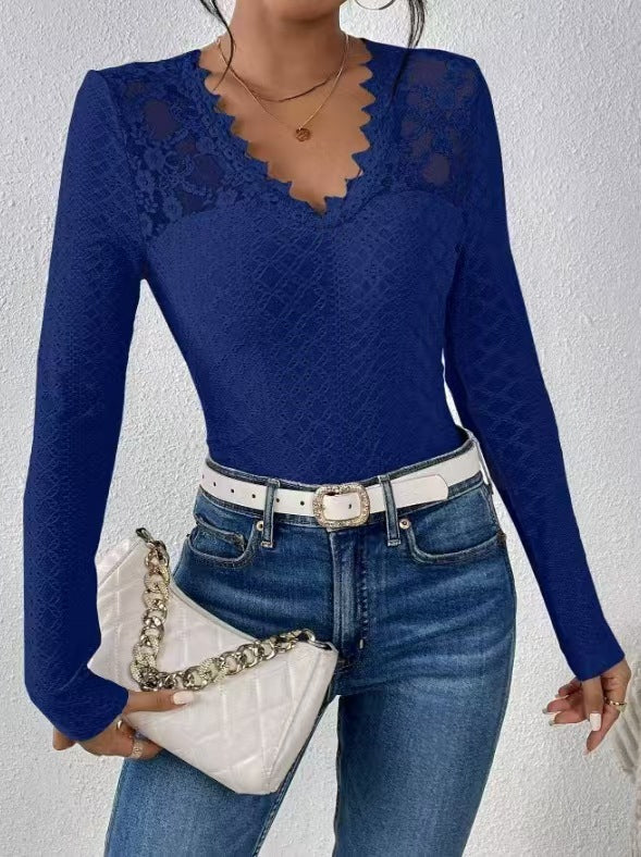 Damen nan figurbetontes Spitzen-Langarmshirt mit gezacktem V-Ausschnitt Drune