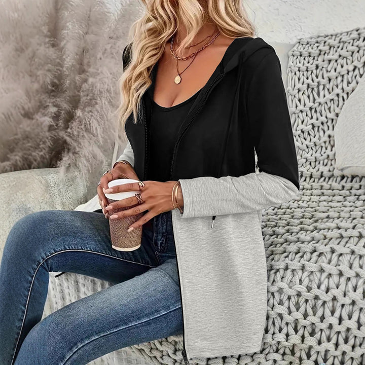 Damen Kapuzen-Sweatjacke mit Colorblock, Reißverschluss und lässiger Longline-Silhouette Drune