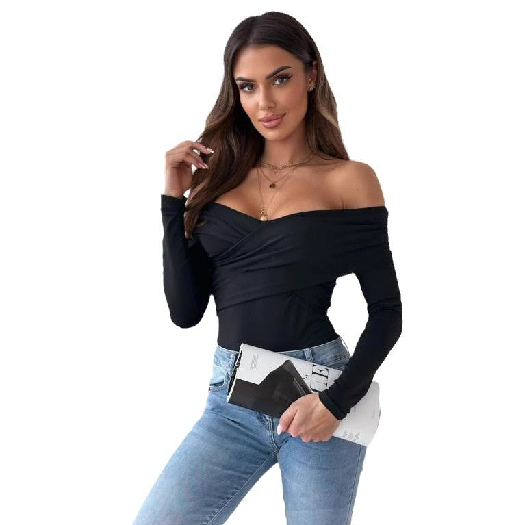Damen Elegantes Wickeloberteil mit schulterfreiem Design und langen Ärmeln Drune