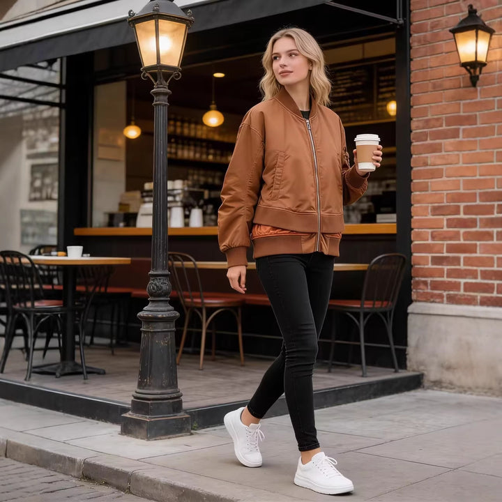 Damen Oversize-Bomberjacke mit wattierter Steppfütterung, Ärmel‑Reißverschlusstasche und breitem Rippbund Drune