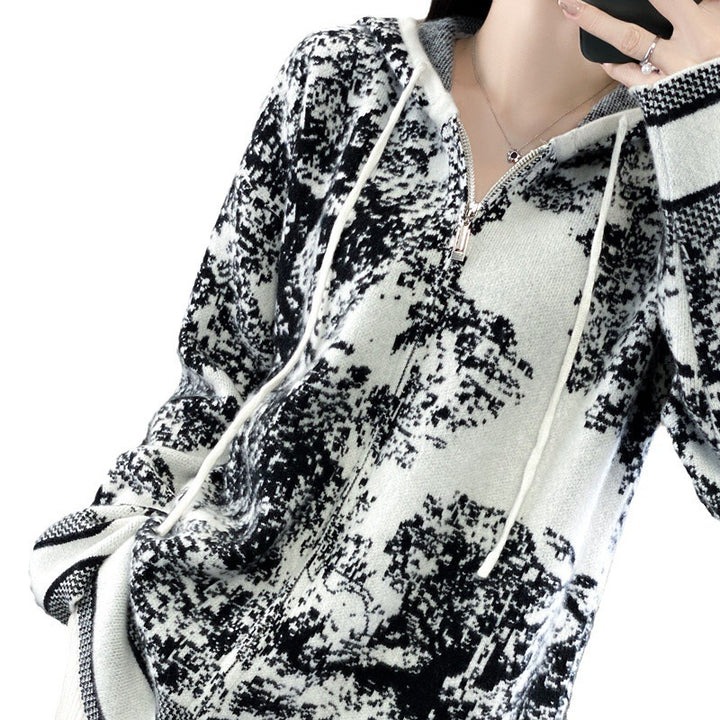 Damen Oversize Jacquard-Strickjacke mit Kapuze und Reißverschluss Drune