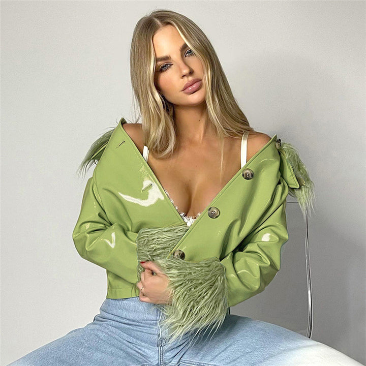 Damen modische Jacke mit luxuriösem Kunstpelzkragen und glänzender Oberfläche Drune