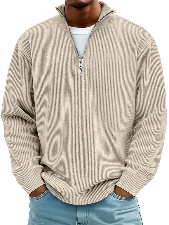 Herren nan gerippter Strickpullover mit halbem Reißverschluss und Stehkragen Drune
