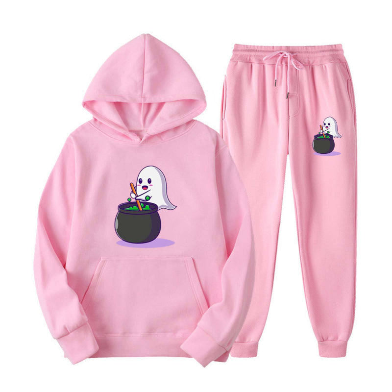 Unisex nan kuscheliger Kapuzenpullover und Jogginghose Set mit Halloween-Geistprint Drune