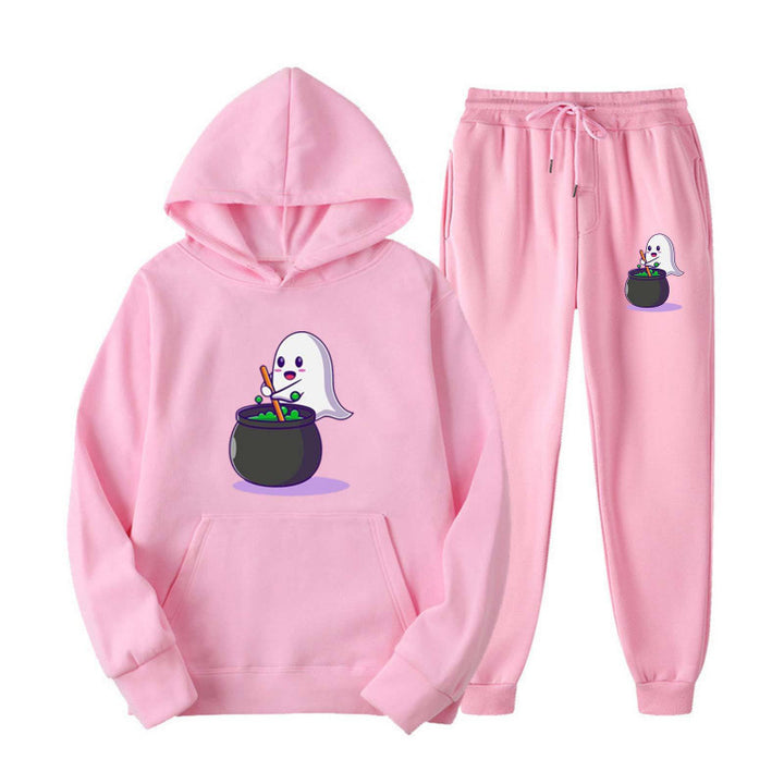 Unisex nan kuscheliger Kapuzenpullover und Jogginghose Set mit Halloween-Geistprint Drune