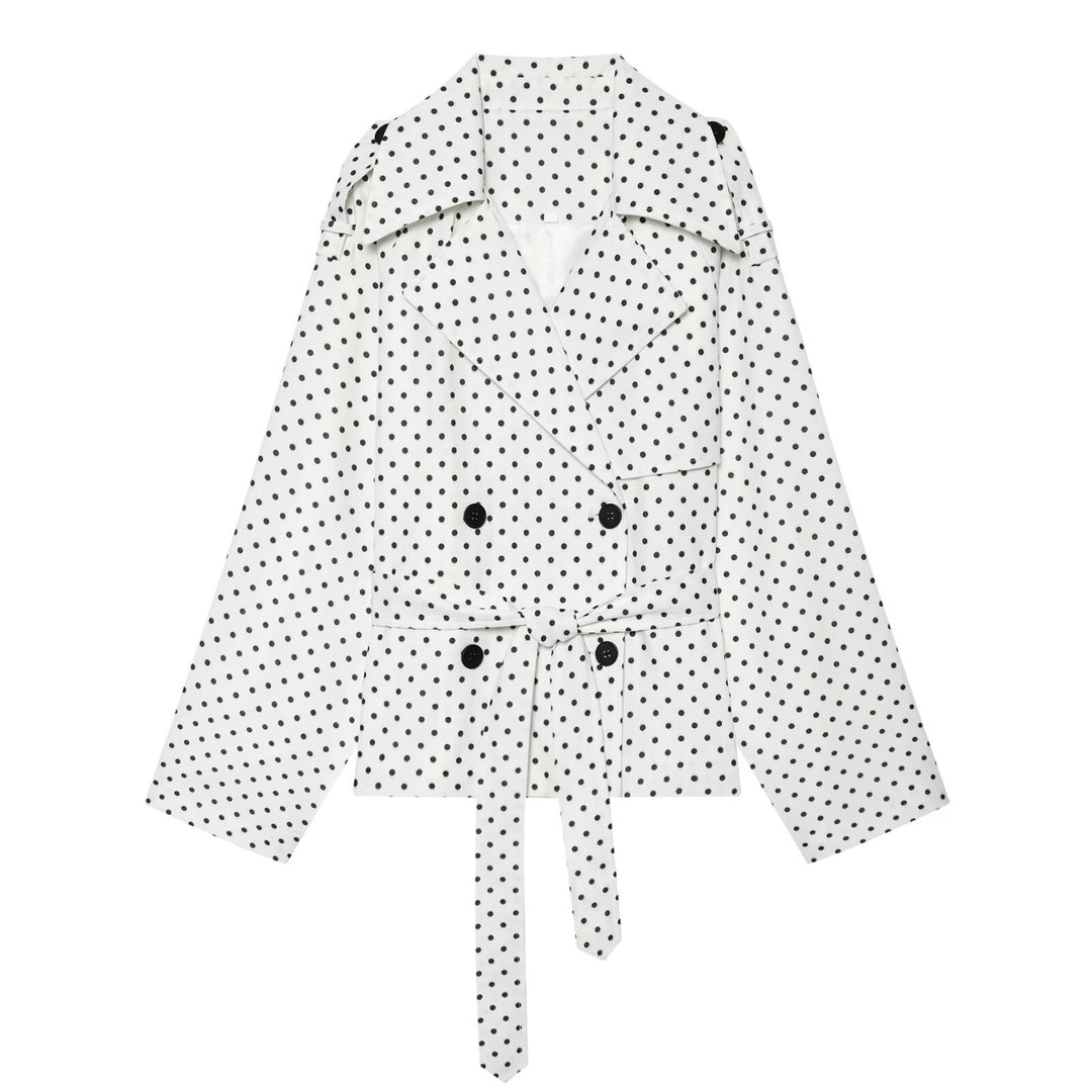 Damen Gepunkteter kurzgeschnittener Trenchcoat mit Taillengürtel und doppelreihiger Knopfleiste Drune