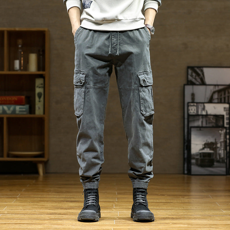 Herren Weiche Baumwoll-Utility-Cargohose im Joggerstil mit elastischem Bund und großvolumigen Klappentaschen Drune