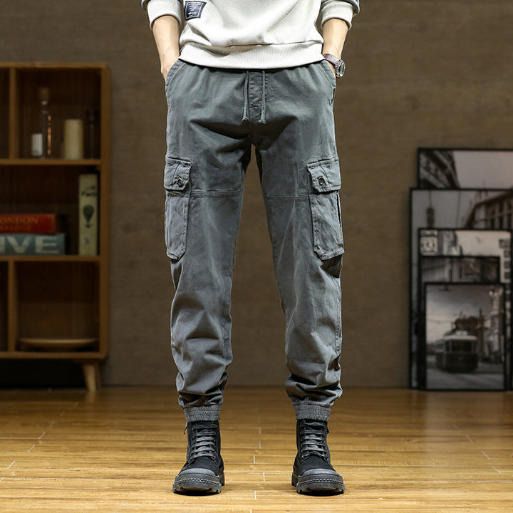 Herren Weiche Baumwoll-Utility-Cargohose im Joggerstil mit elastischem Bund und großvolumigen Klappentaschen Drune