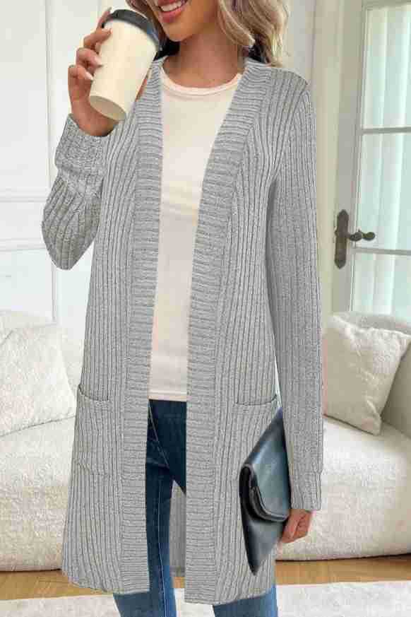 Damen Longline Rippstrick Cardigan mit Taschen Drune
