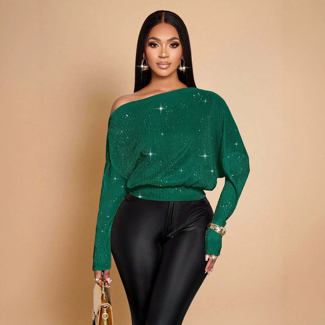 Damen Off-Shoulder Rippstrick-Pullover mit Glitzereffekt und Batwing-Ärmeln Drune